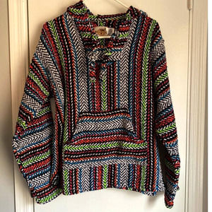 Vintage Multi Colored Baja Hoodie Drug Rug Mexican By Earth Ragz Size LARGE